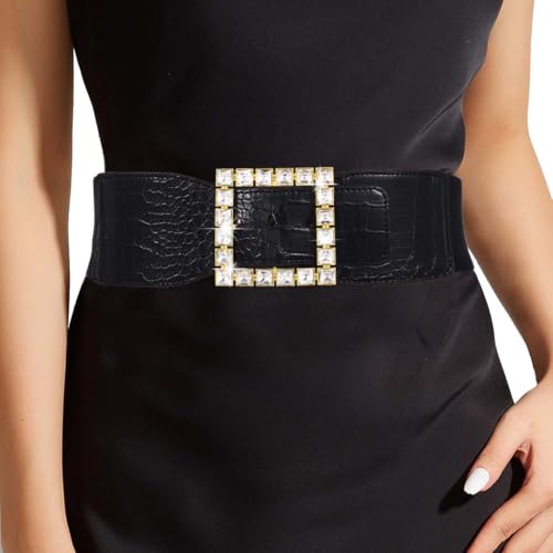 Rhinestone Waist Belt Wide Square Buckle Lady Belt for Dress Sparkle Crystal Stretchy Waistband for Women
