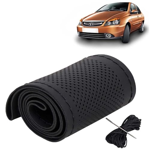 Image of KINGSWAY PU Leatherite Car Steering Cover Sewable Compatible with Tata Indigo CS (Year 2009-2018), Black Color with Black Thread, Pack of 1 with Sewing Needle and Thread