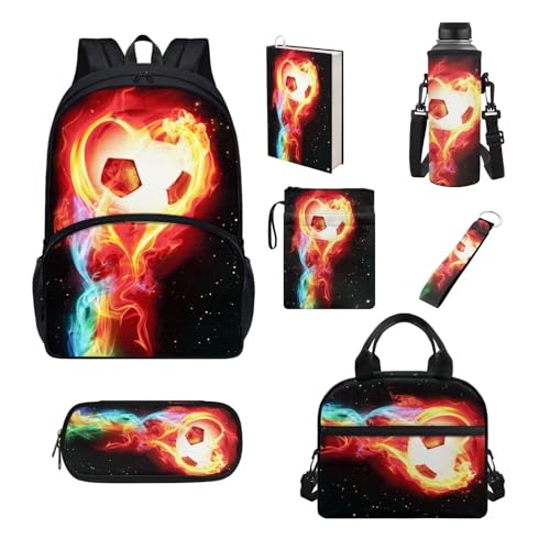 Set di 7 pezzi zaino per scuola elementare primaria sencondaria ragazze ragazzi bookbag borsa pranzo astuccio Fuoco Soccerf Taglia unica Set di zaini per la