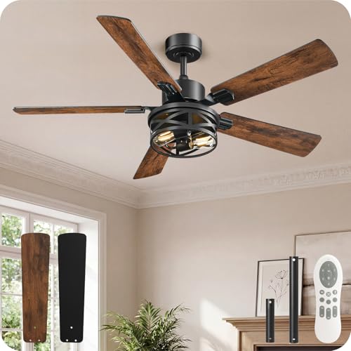 Image of 46 Inch Farmhouse Ceiling Fan with Lights and Remote, Timer, Dual Finish 5 Blades (Walnut and Black), 6 Speeds, Reversible DC Motor, Rustic & Industrial Caged Ceiling Fan for Bedroom FB01CF4605