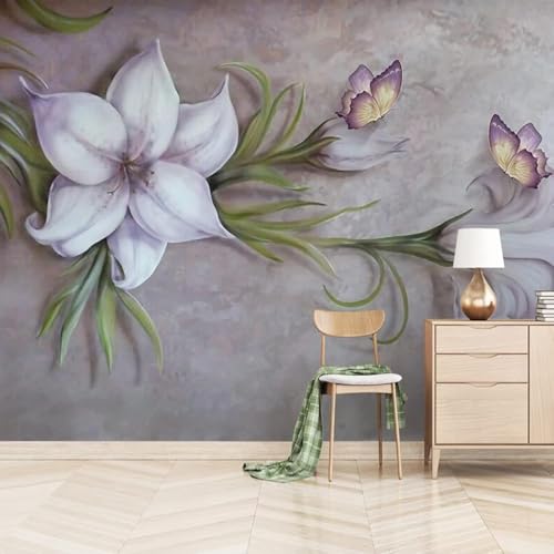 Tzxztt Simple Purple Flower Butterfly Modern 3D Wallpaper Embossed Silk Neutral Tones Material Ideal for Living Room Bedroom-250cm×170cm