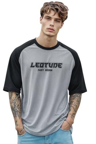 Image of LEOTUDE Men's Half Sleeve Cottonblend Printed Colourblocked Round Neck Drop Shoulder Oversized Tshirt for Man (Color Red)