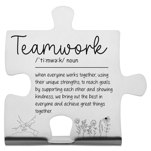 Teamwork Definition Puzzle Desk Sign for Coworkers Employees Friends, Stainless