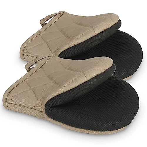 Short Oven Mitts, Heat Resistant 500°F, Silicone Grip Kitchen Gloves, Non-Slip for Baking, Grilling, BBQ, Machine Washable with Hanging Loop, 2-Pack Set, Light Brown