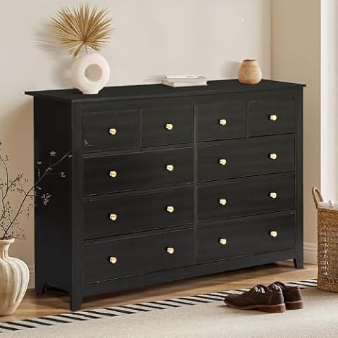 LEISU 10 Drawer Double Dresser with Metal Handles and Various Size Wide Deep Drawers,Smooth Metal Rail,Modern and Contemporary Wood Dresser Chest for Bedroom,Living Room,Closet (Black) Cover