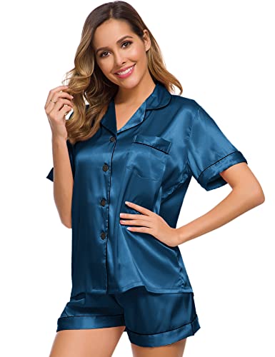 Image of SWOMOG Womens Silk Satin Pajamas Set Two-piece Pj Sets Sleepwear Loungewear Button-Down Pj Sets Peacock Blue