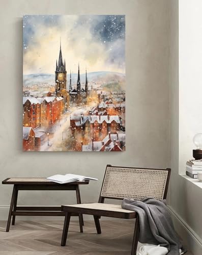 Taxpy Tableaux d'art moderne Scène de neige en ville,L,40 * 60cm Peinture Street Art Peinture À L'huile Impressions Sur Toile Moderne Pop Affiche Photo Sur...