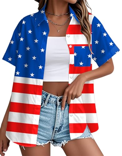 Image of Ithalt 4th of July Hawaiian Shirts Women American Flag Patriotic Short Sleeve Button Down Outfits Summer Vacation Tops