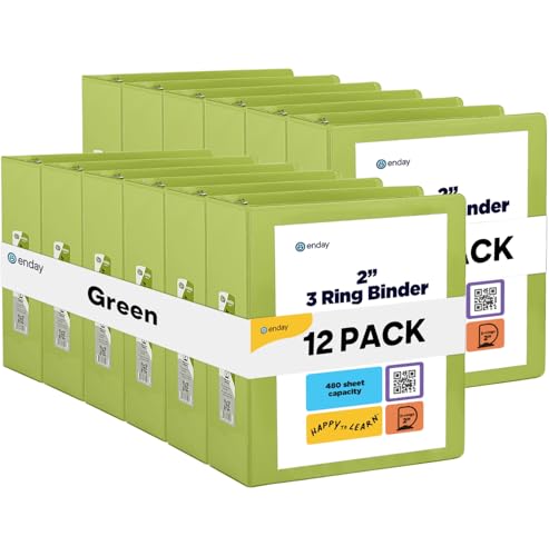 Enday 2 inch 3 Ring Binder (12 Pack - Green) Binder 2 inch with Clear View Cover and 2 Inside Pocket - for Letter Size 8.5 x 11'' Paper, Ideal for School Supplies, Office, and Home