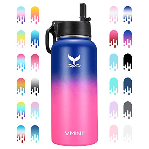 Vmini Water Bottle with New Wide Handle Straw Lid, Wide Mouth Vacuum Insulated 18/8 Stainless Steel, 32 oz, Gradient Blue + Fushcia