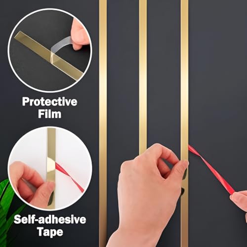 Image of ARBAIN Stainless Steel Self Adhesive Trim Strip Mirror Gold Finish 12mm x 16.4ft (5m) Roll Peel and Stick for Wall Decoration, Office, Home, Bedroom, Highlighters Border Wardrobe (Pack of 1 Roll)