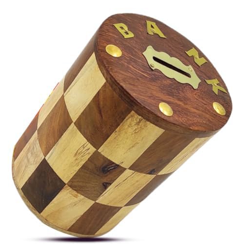 Pirate House Money Box - Piggy Bank with Checkered Design and Cylindrical Shape, Teenagers, Adults | Made of Solid Wood | House Piggy Bank| Coin Bank | Money Box (Wood)