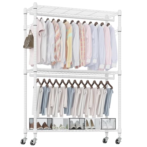 Image of Homdox 3 Tier Heavy Duty Garment Rack with Wheels, Adjustable Wire Clothes Rack with Double Hanging Rods, Portable Closets for Hanging Clothes with Side Hooks, White