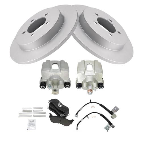 Image of TRQ Rear Brake Pad and Rotor Set Semi Metallic Coated Rotors Calipers Compatible with 2006-2010 Ford Explorer 2007-2010 Explorer Sport Trac Mercury Mountaineer