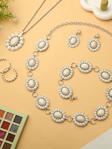4 Pcs White Turquoise Concho Chain Belt Set Metal Western Waist Belts Turquoise Necklace Earrings Jewlery for Women4