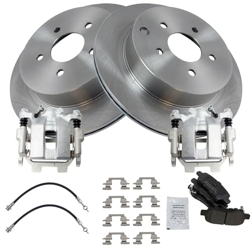 Image of TRQ Rear Brake Pad and Rotor Set Semi Metallic Rotors Calipers Compatible with 2012-2013 Infiniti M35h 2011-2013 M37 M56 2014-2018 Q50 2017-2018 Q60 Q70 2016-2018 Q70L