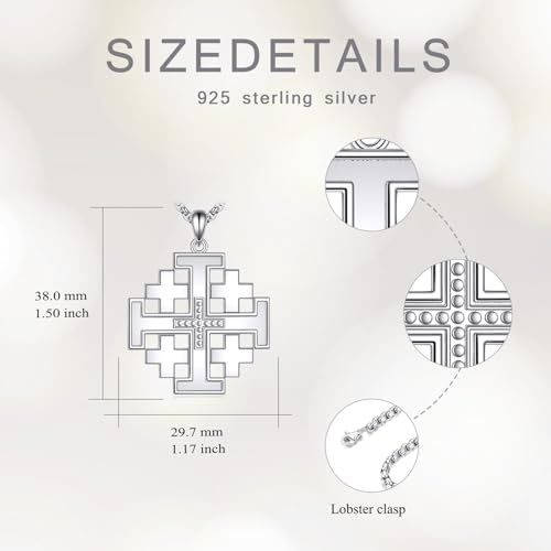 Jerusalem Cross necklace 925 Sterling Silver Jerusalem Cross Pendant Christian Jewelry for Men, w/Stainless Steel Chain 22”+2”4