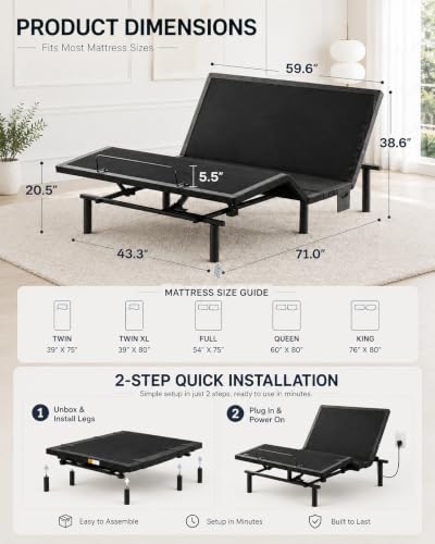 Image of Marsail Adjustable Bed Frame Queen Electric Base, Head & Foot Incline