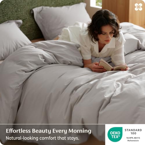 Image of Bedsure 100% Washed Cotton Duvet Cover King - Light Grey Minimalist Bedding Set Linen Like - PureWoven Plain Simple & Soft Comforter Cover for All Seasons (King, 104 inchx90 inch)