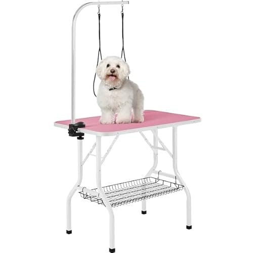 Yaheetech Table de Toilettage pour Chien/Chat/Animaux de Companie Pliante avec Potence Réglable 2 Sangles Une Panier de Rangement et Surface Travail Plus Large Antidérapente Capacité 100kg Rose