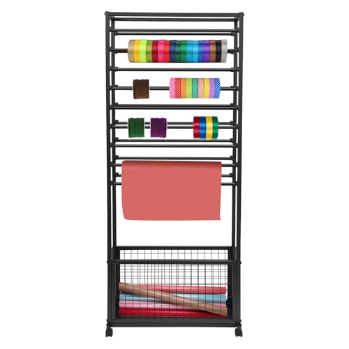 Double-Sided Ribbon Holder Organizer Rack, Metal Large Capacity Ribbon Stand with Wheels, Removable Crossbars, Floral Wrapping Paper Stand Roll Display Rack for Craft Room, Clothing Stores, Florists