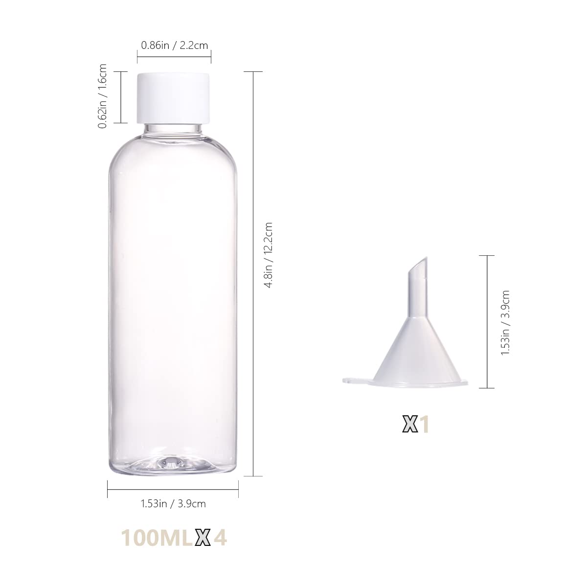 Bottiglie da viaggio da 4 pezzi, 100 ml Bottiglie da viaggio in plastica vuote ricaricabili con coperchi a vite per articoli da toeletta, sapone, shampoo e balsamo