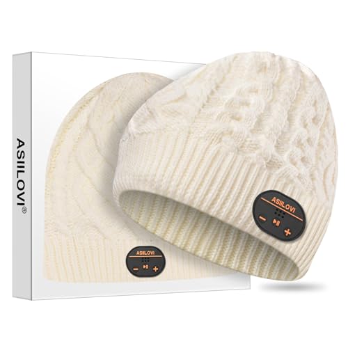ASIILOVI Bluetooth Beanie for Women, Double-Layer Wool Lining Bluetooth Hat Beanie for Women/Girls/Teens/Family, 20hrs Playing, Gift Packaging for Christmas Stocking Stuffers Thanksgiving (02-White)