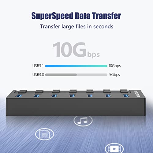 Powered-USB-Hub-VANOTOM-7-Port-Charging-USB-3132-Gen-2-Hub-Superspeed-USB-Splitter-up-to-10Gbps-with-Power-Adapter-and-Individual-OnOff-Switches-for-PC-and-Laptop