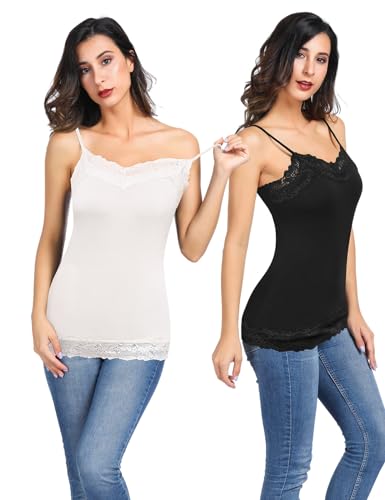 Kate Kasin Women's Adjustable Spaghetti Strap Lace Trim Cami Tunic Tank Top 2PACK4