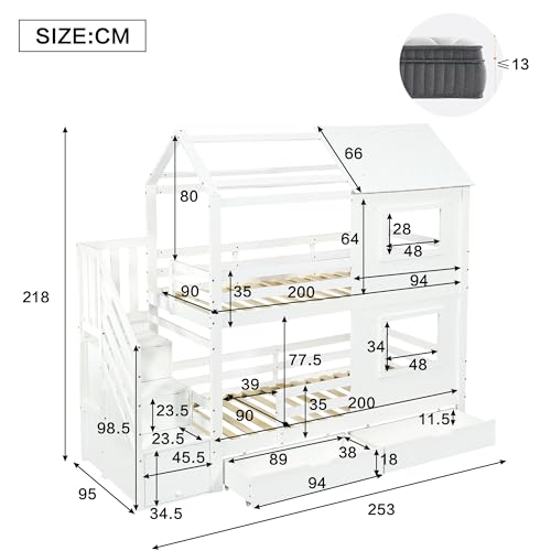 EINHOM Etagenbett 90x200 cm, Kinderbett mit Treppenschrank Schubladen, Stauraumbett mit Zwei Schubladen, mit Fenster und Dach, Rausfallschutz Geländer, Weiß (Ohne Matratze)
