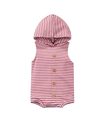 Newborn Baby Boy Girl Unisex Romper Infant Toddler One Piece Hooded Striped Bodysuits Sleeveless Buttons Clothes (B~Red , 3-6 Months ) #TOP25