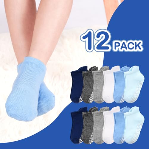 Image of Toddler Socks SkiBeaut 12 Pairs Non Slip Skid Ankle Socks For Kids Boys Grips Cotton Crew Socks For 1-10 Years