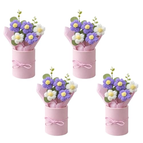 Image of VCR Handmade Light Purple Crochet Bouquet- Pack of 4 - Hand Woven Knitted Artificial Hand Knitted Bouquet Flower for Office Desk, Table, Car, Bedroom, Wedding & Special Occasions