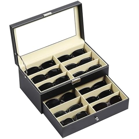 AUTOARK Leather 12 Piece Eyeglasses Storage and Sunglass Glasses Display Drawer Lockable Case Organizer,Black,AW-023 Cover