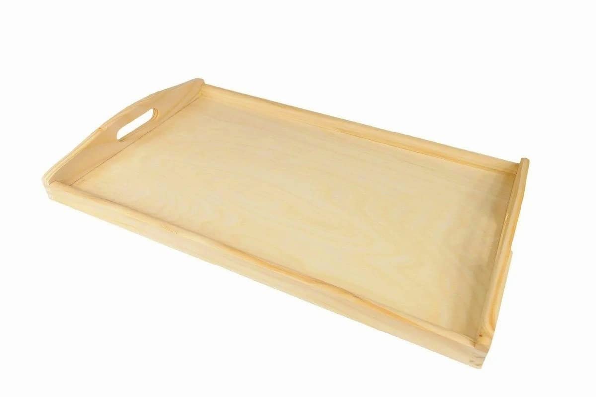 Wooden World Large Wooden tray serving bed breakfast with handles natural lacquered wood 40cm x 30cm x 5,5cm