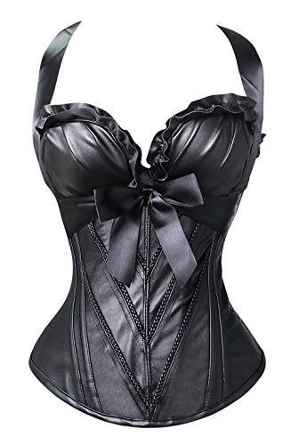 Charmian Women's Burlesque Vintage Renaissance Padded Faux Leather Halter Zipper Bustier Corset Top Black Large