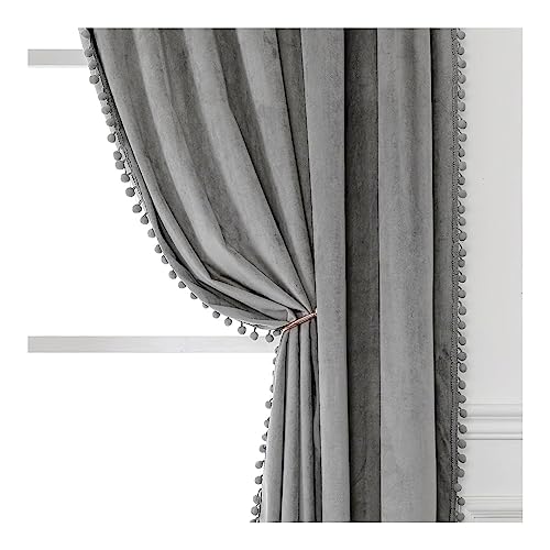 Image of Amazon Brand - Umi Velvet Eyelet Door Curtains with pom pom Lace for Living Room Bedroom Kitchen 2 pc Pack in Silver Color (Windows - 4 feet x 4 feet)