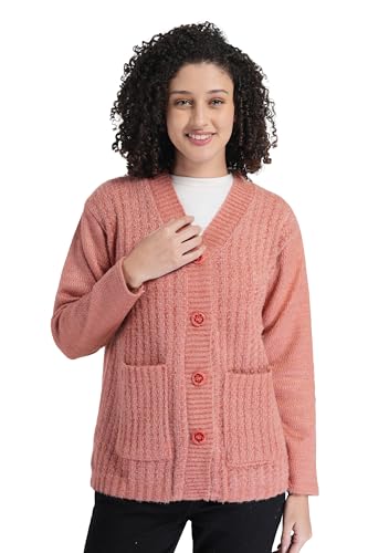 Image of MANRA Women's Woolen V-Neck Buttoned Full Sleeve Cardigan Self Design Soft Wool Fabric Winter Wear Pure Wool Sweater Fully Warm with Front Pockets Stylish Cardigan