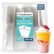 Freshware 16 oz Clear Disposable Plastic Cups, Clear Plastic Cups Tumblers, Heavy-duty Party Glasses, Disposable Cups for Thanksgiving, Halloween, Christmas Party, 16 Oz Cups, 100 Count Pack of 1
