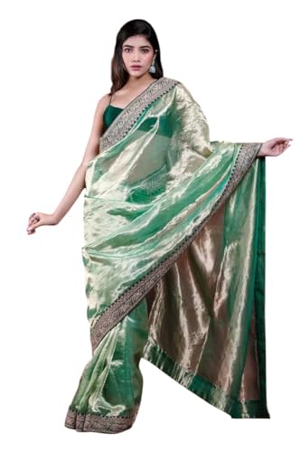 Marcofeb Green Tissue Silk Saree with Embroidered Border, Festive Wear,