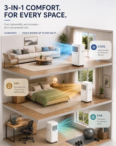 Image of Coolblus 12000 BTU Portable Air Conditioners, 3-in-1 AC Unit Cools Up to 550 Sq.Ft. with Remote Control /Smart Sleep Mode /24Hrs Timer /Window Installation Kit & Filter Cleaning Brush, White-12000BTU