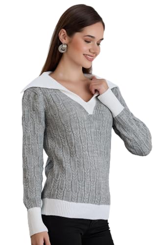 Image of Sweaters for Women Fashion Long Sleeve Lapel Collar V Neck Casual Knit Color Block Pullover Sweater
