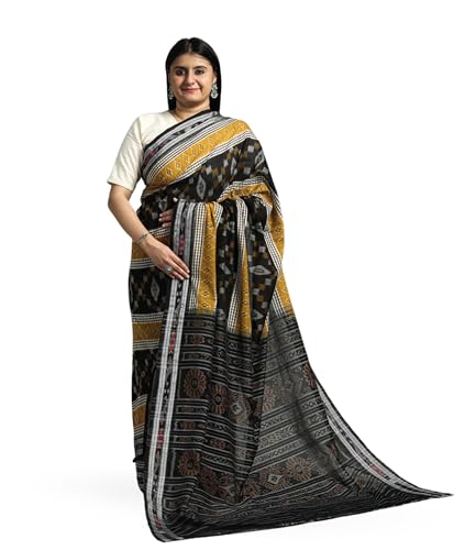 Image of Ikat Women's Pure Cotton Saree Traditional Craftsmanship Double Ikat Weaving Floral Handmade Ethnic Saree without Blouse Piece