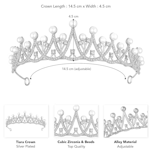 Image of Peora Cubic Zirconia & Pearl Studded Princess Tiara Crown Hair Accessory for Girls & Women