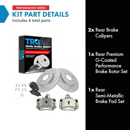 Image of TRQ Performance Rear Brake Pad and Rotor Set Semi Metallic Coated Drilled Slotted Solid Rotors Calipers Compatible with 2006-2007 Buick Terraza Saturn Relay 2006-2008 Chevrolet Uplander