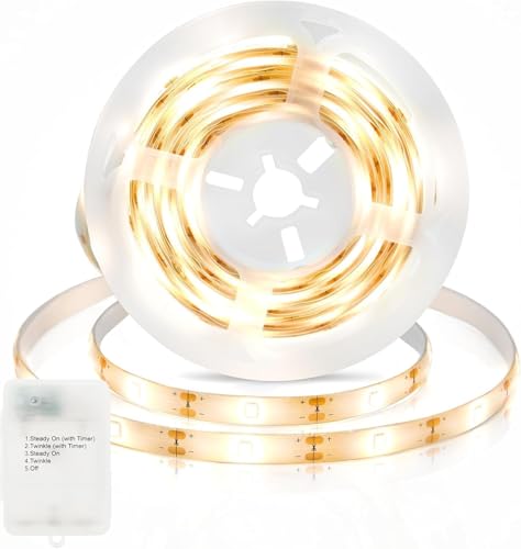 ZAIYW Battery LED Strip Lights, 1M 30 LED Lights Strip with Timer 5 Modes, Waterproof Self-Adhesive Cuttable for Bedroom Mirror Kitchen Cabinet Patio Decor (Warm White)