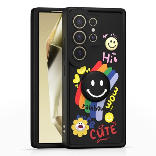 Image of Pikkme Back Cover for Samsung Galaxy S25 Ultra 5G | Soft Silicone| Cute Rainbow Smile & 3D Cartoon Flower Design | Shockproof Raised Camera Protection Bumper Case (Black)