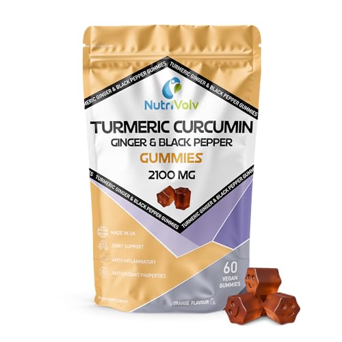 Turmeric Curcumin Gummies | 60 Vegan Gummies | 2100mg Complex with Ginger & Black Pepper | Natural Orange Flavour | Sugar-Free, Non-GMO | Anti-Inflammatory, Joint & Immune Support | by NutriVolv