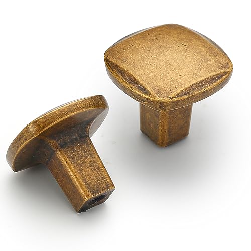 Image of 10 Pack 1 Inch Antique Brass Cabinet Knobs for Kitchen Drawers - Square Vintage Retro Dresser Handles