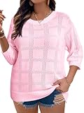 Beautife Womens Plus Size 3/4 Sleeve Tops Dressy Casual Crochet Knit Tunic Lightweight Sweaters Pink